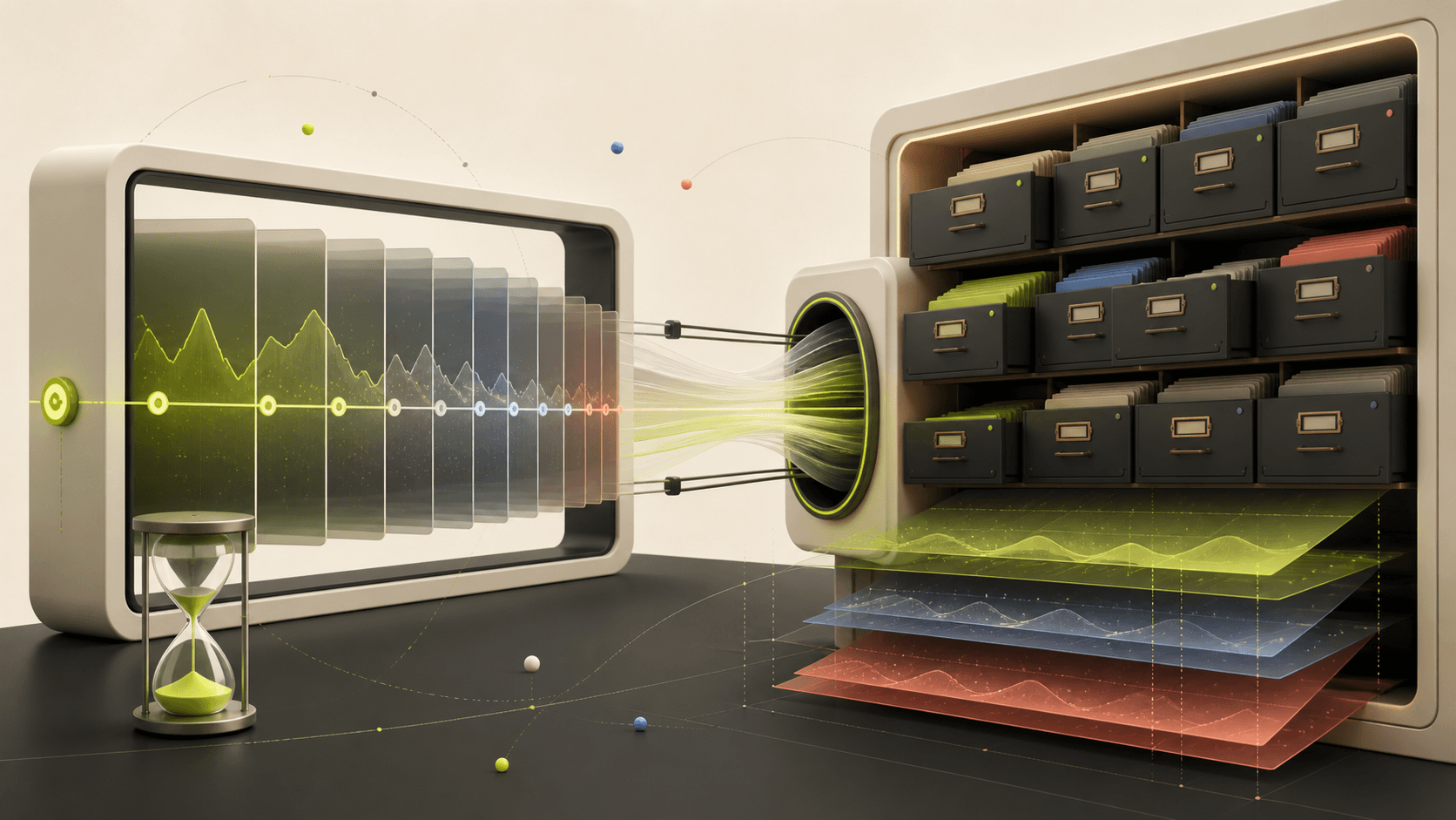 A finite search-performance timeline flowing into an organized long-term archive