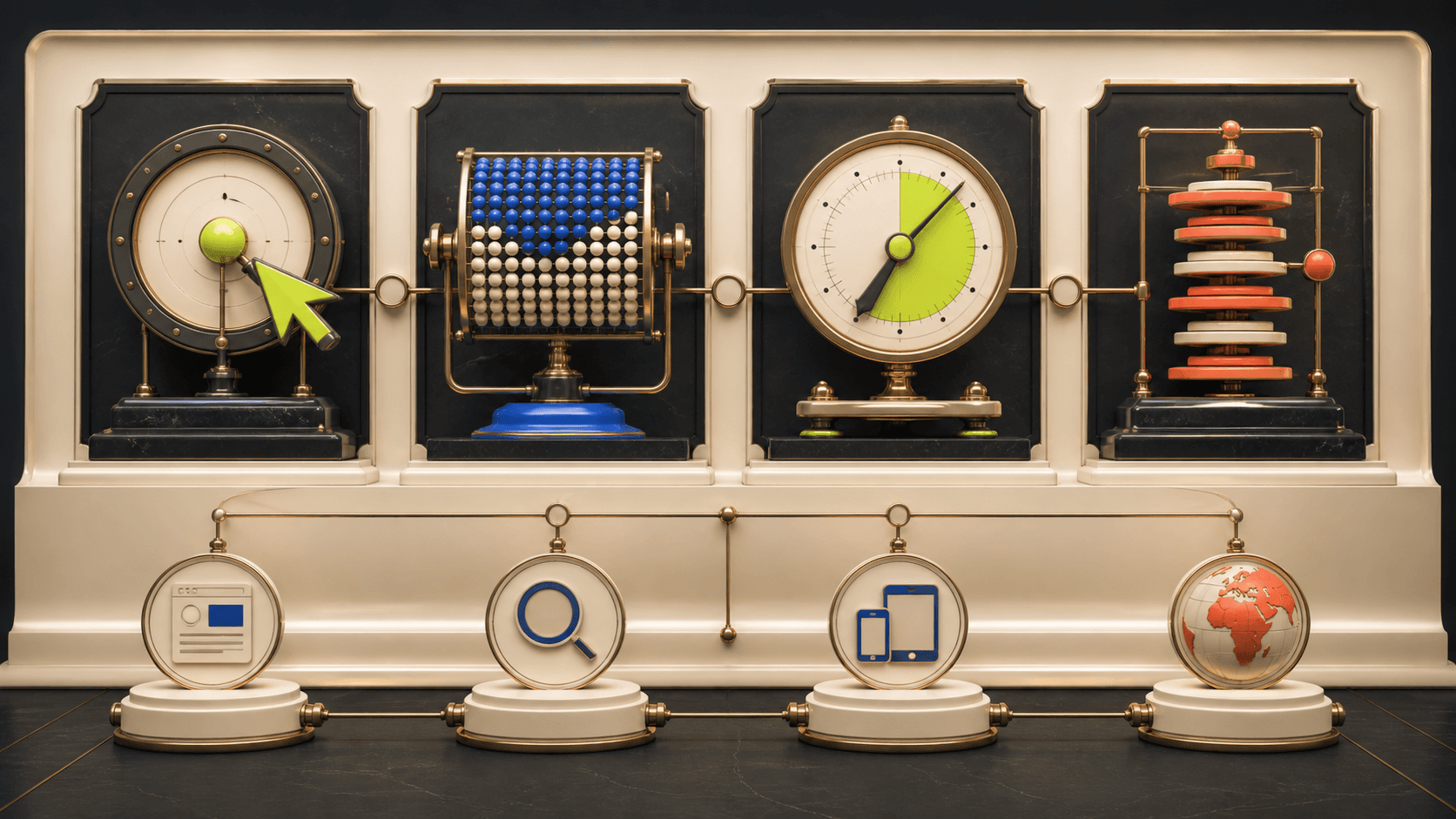 Four connected instruments representing core Search Console metrics and dimensions